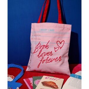 Book Lover Forever Pink Tote Bag with Red Handles
